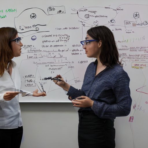A portrait of two female scientists sketching generative models on a white-baord